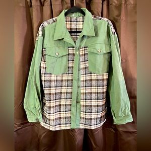 Brand is source unknown, size is large,it is green with black brown & tan plaid